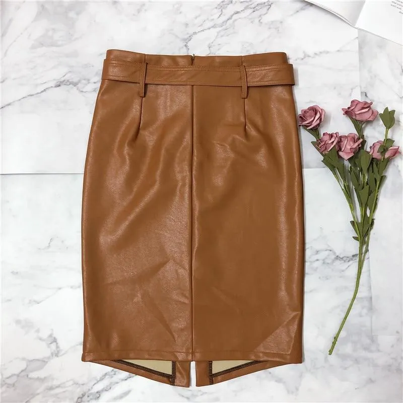 High-Waist Synthetic Leather Midi Pencil Skirt with Front Split for Autumn/Winter