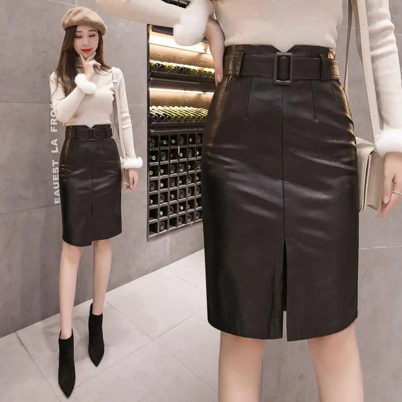 High-Waist Synthetic Leather Midi Pencil Skirt with Front Split for Autumn/Winter
