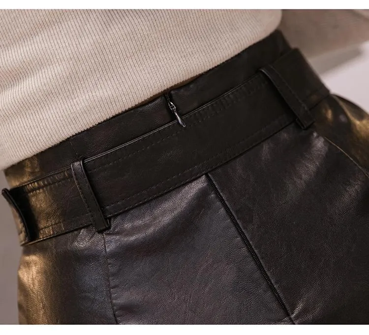 High-Waist Synthetic Leather Midi Pencil Skirt with Front Split for Autumn/Winter