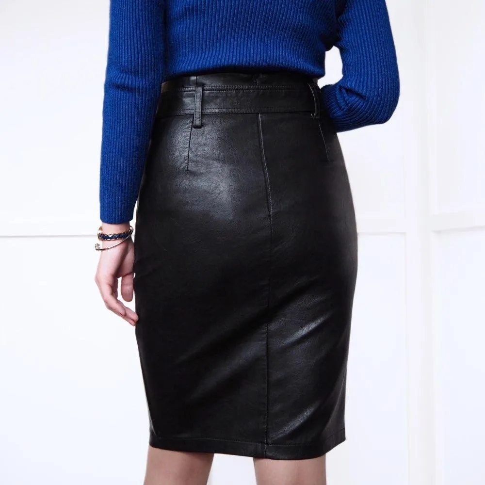High-Waist Synthetic Leather Midi Pencil Skirt with Front Split for Autumn/Winter