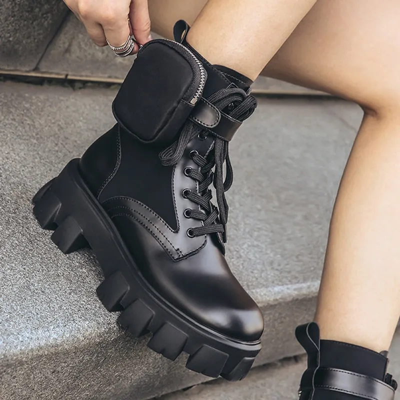 Black Punk Ankle Thick soled Motorcycle Ankle Boots Women's Lace up