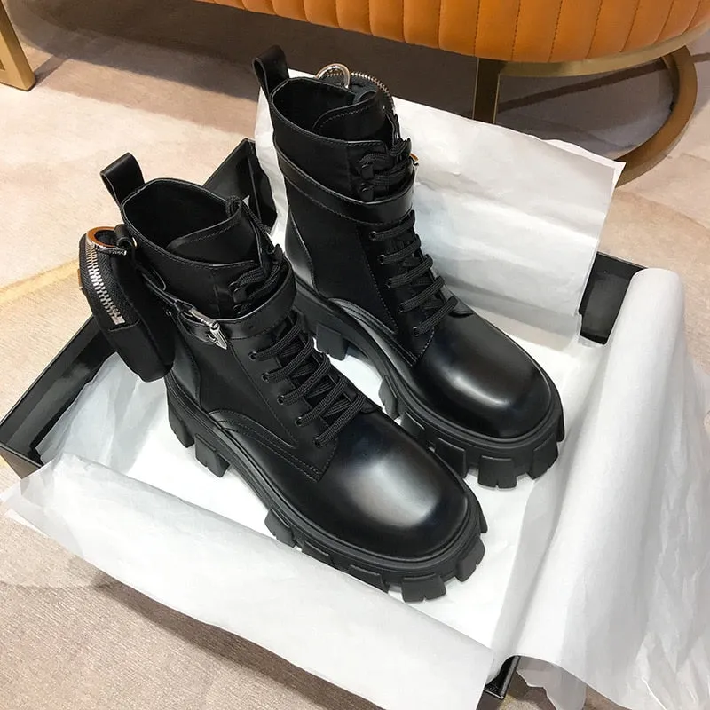 Black Punk Ankle Thick soled Motorcycle Ankle Boots Women's Lace up