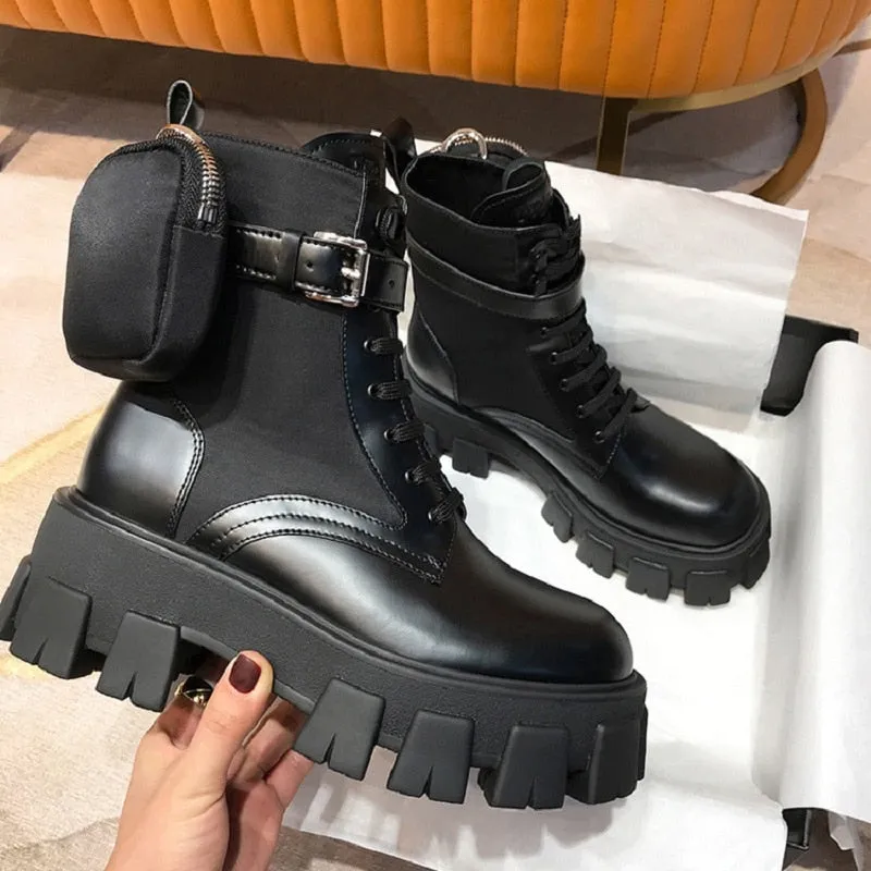 Black Punk Ankle Thick soled Motorcycle Ankle Boots Women's Lace up