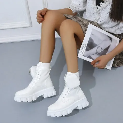 Black Punk Ankle Thick soled Motorcycle Ankle Boots Women's Lace up