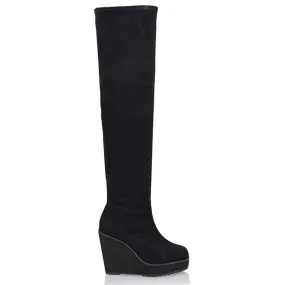 DALIA BLACK FAUX SUEDE ELASTICATED OVER THE KNEE THIGH HIGH WEDGE HEELED BOOTS